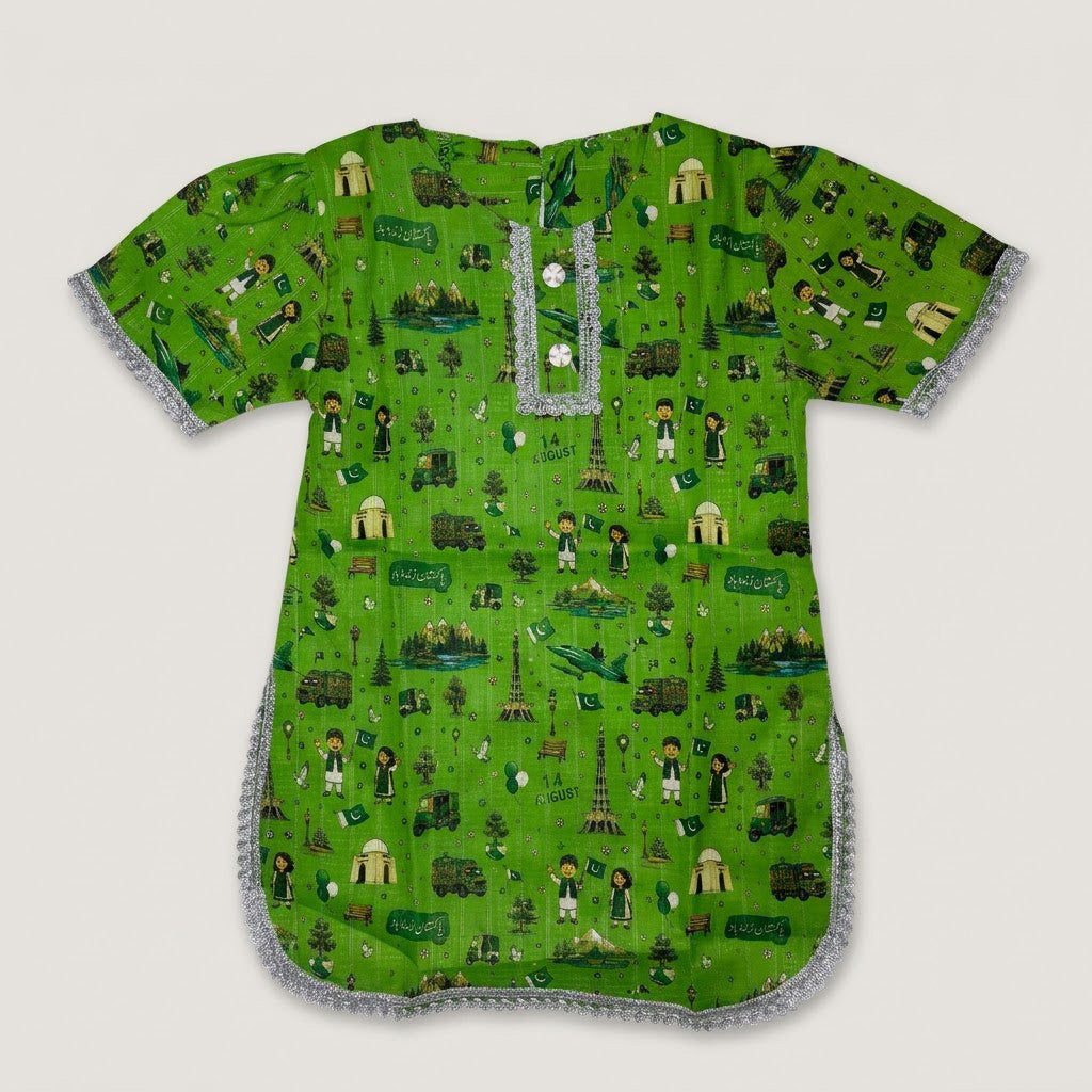 14 August Special: Baby Girl 3-Piece Cotton Azadi Suit (Printed Kurti, Trouser & Dupatta)