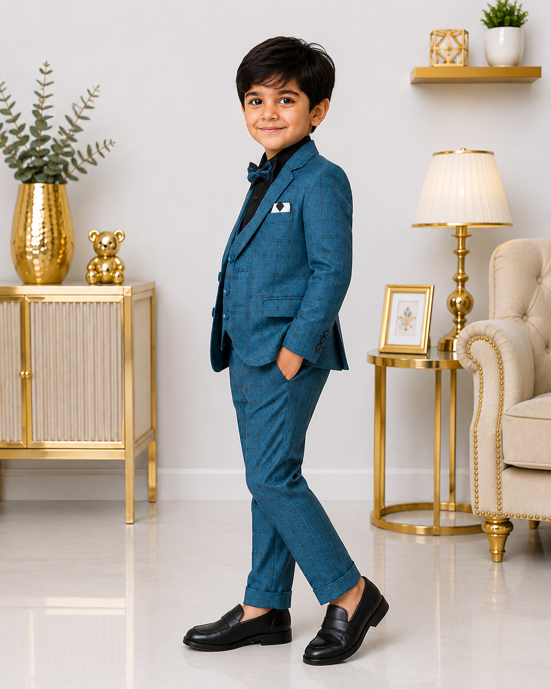 Boys 5-Piece Premium Tuxedo Suit | Green Check Coat Pant Suit