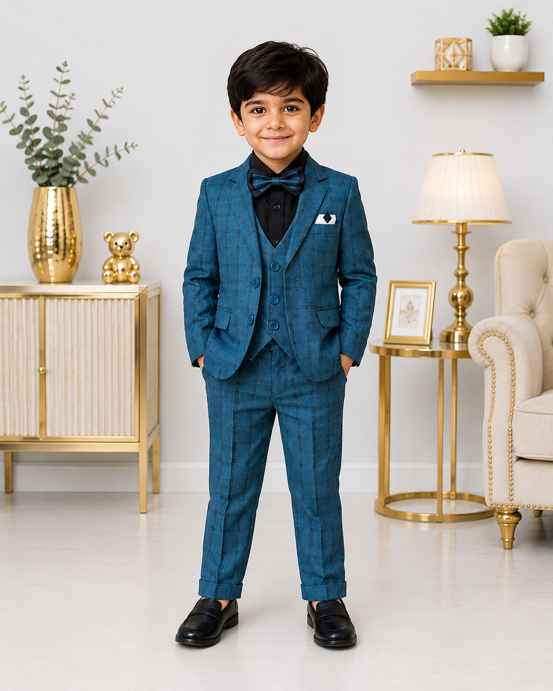 Boys 5-Piece Premium Tuxedo Suit | Green Check Coat Pant Suit