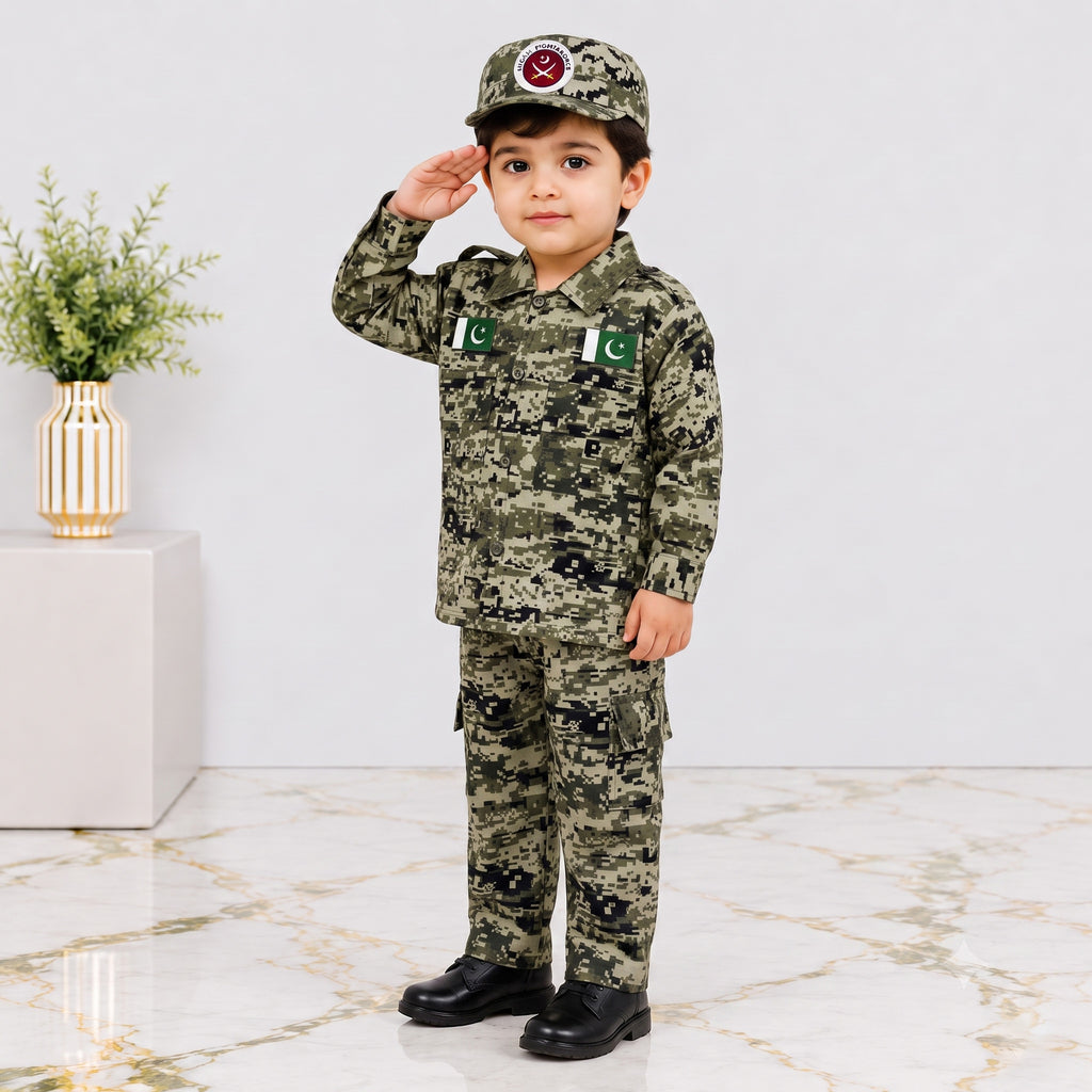 Boys Cotton Commando Suit 1-10 Years – Army Camouflage Shirt, Trouser & Cap Set