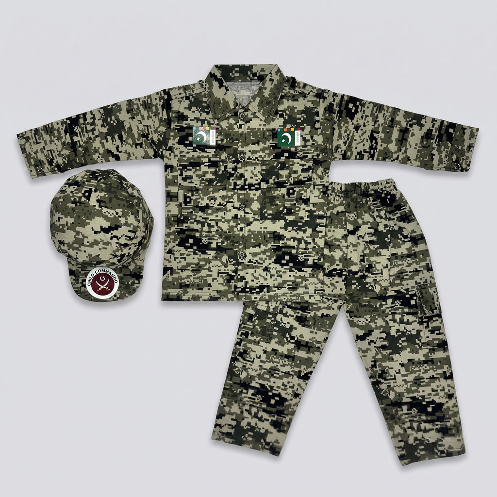 Boys Cotton Commando Suit 1-10 Years – Army Camouflage Shirt, Trouser & Cap Set