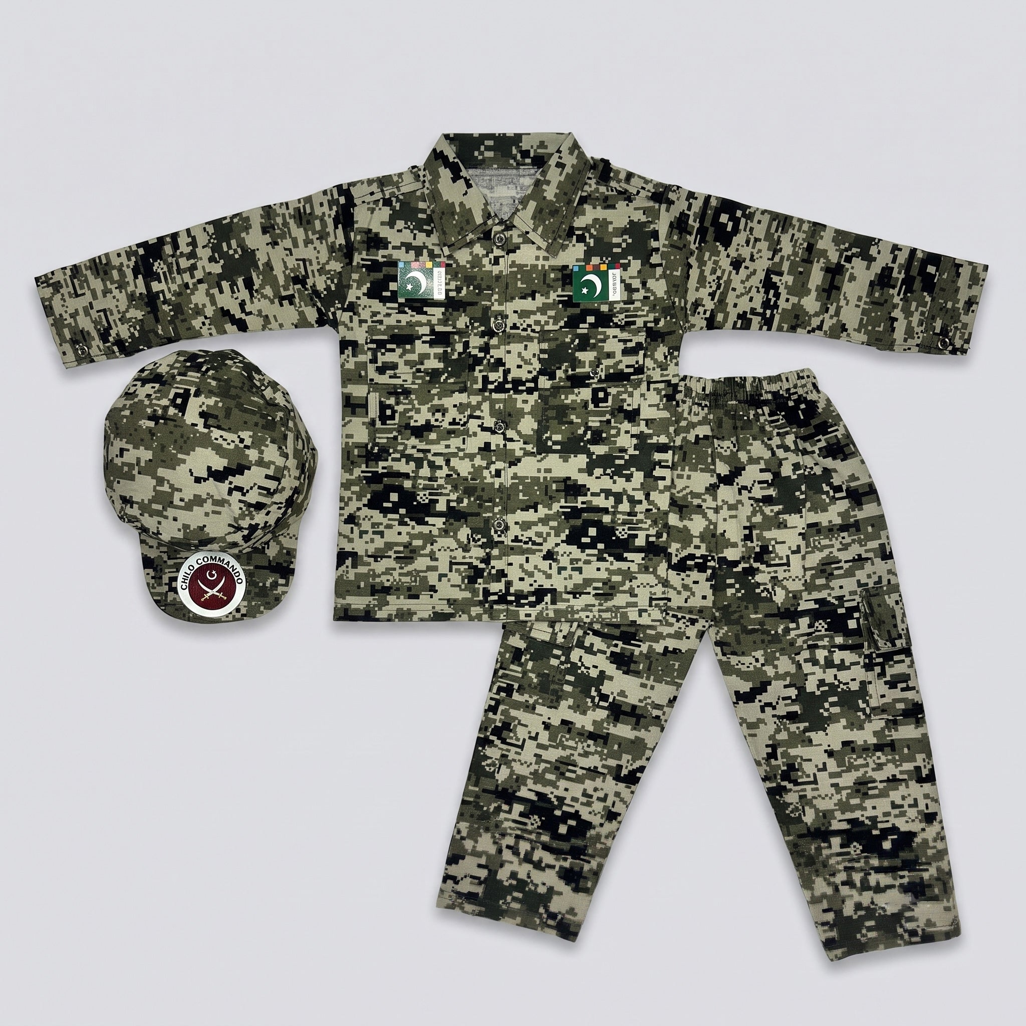 Boys Cotton Commando Suit 1-10 Years – Army Camouflage Shirt, Trouser & Cap Set