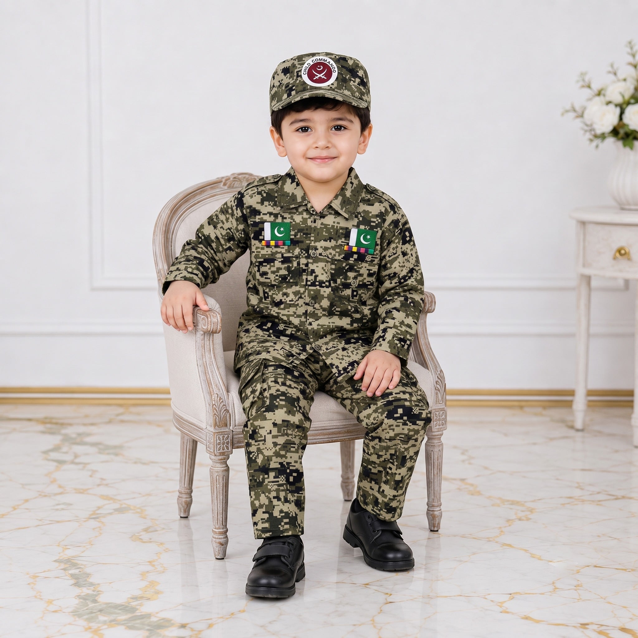 Boys Cotton Commando Suit 1-10 Years – Army Camouflage Shirt, Trouser & Cap Set