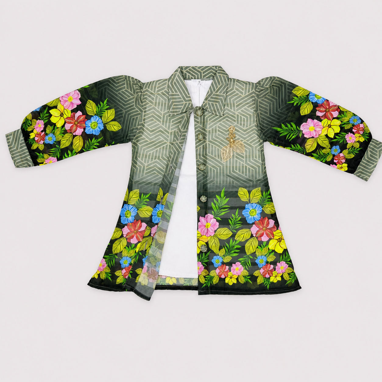Girls Printed Chiffon 3 Piece Suit – Olive Green Floral Kids Dress | Lamtar Kids
