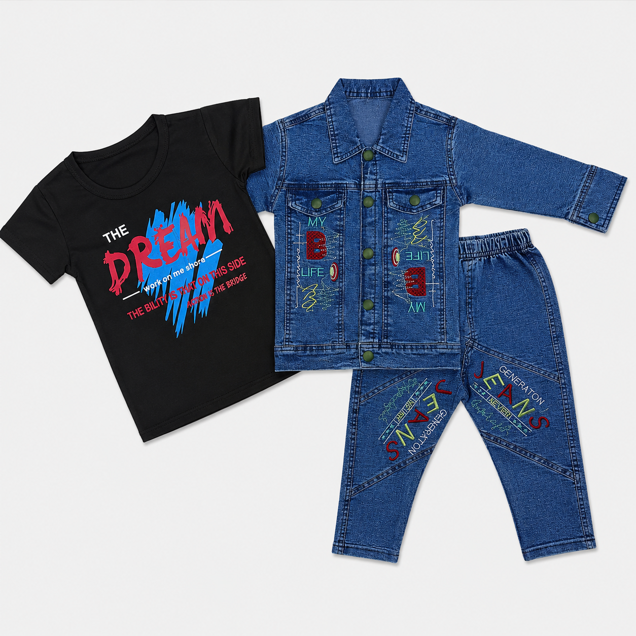 Boys Denim 3-Piece Suit – Printed T-Shirt, Denim Jacket & Trouser Set
