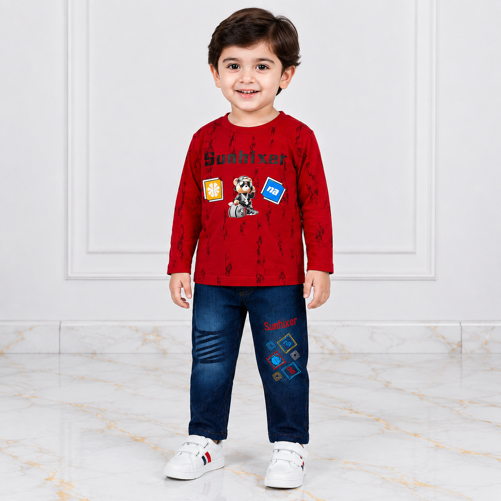 Boys Printed Jersey Shirt with Jeans – 2 Piece Casual Outfit
