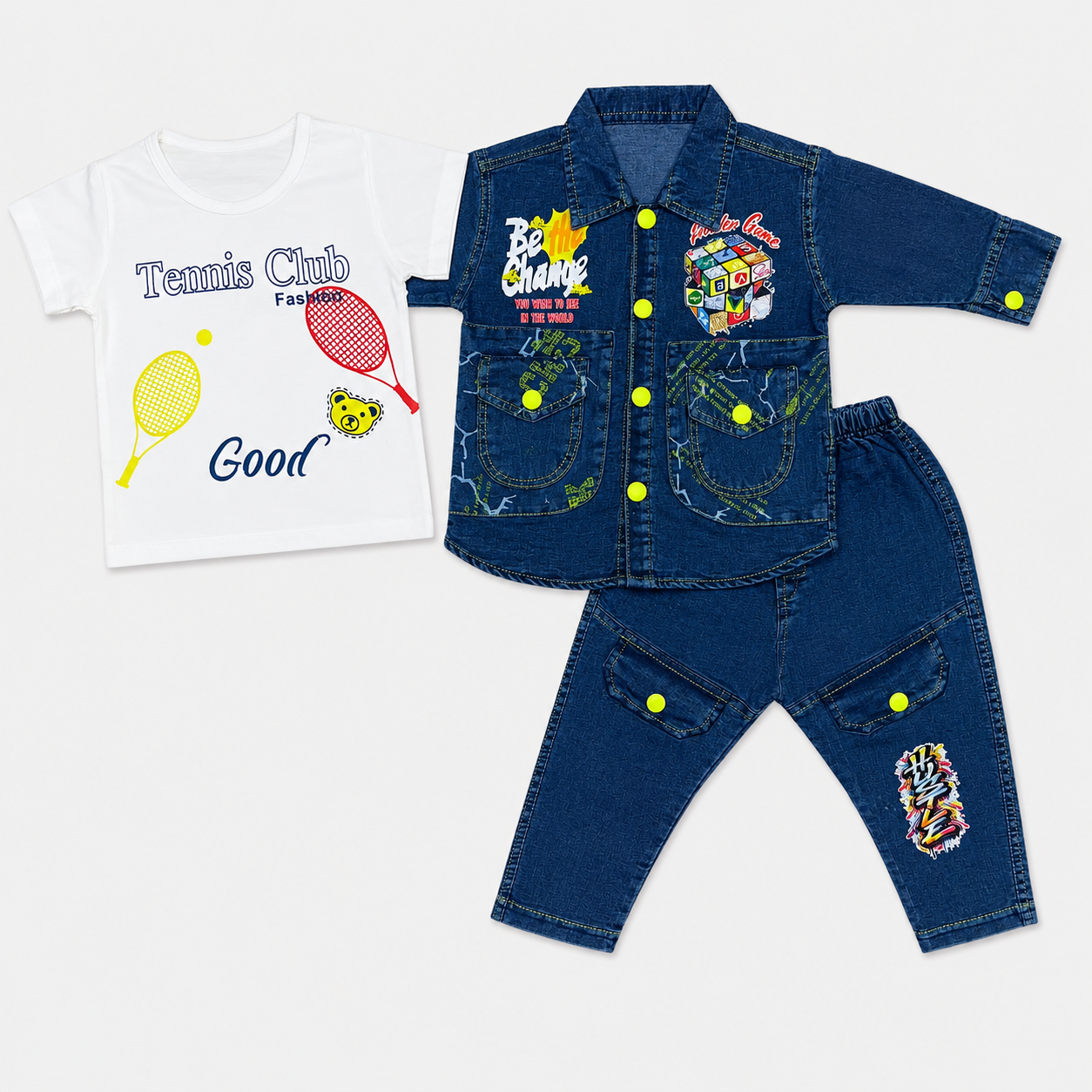 Boys Denim 3-Piece Suit – Printed T-Shirt, Jacket & Jeans Set