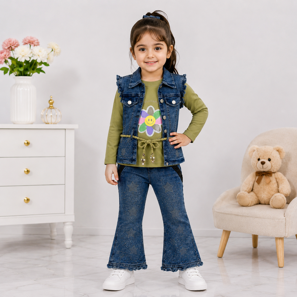 Girls 3-Piece Denim-Look Cotton Suit (Sleeveless Vest, Brown Inner & Bell-Bottom Trouser)
