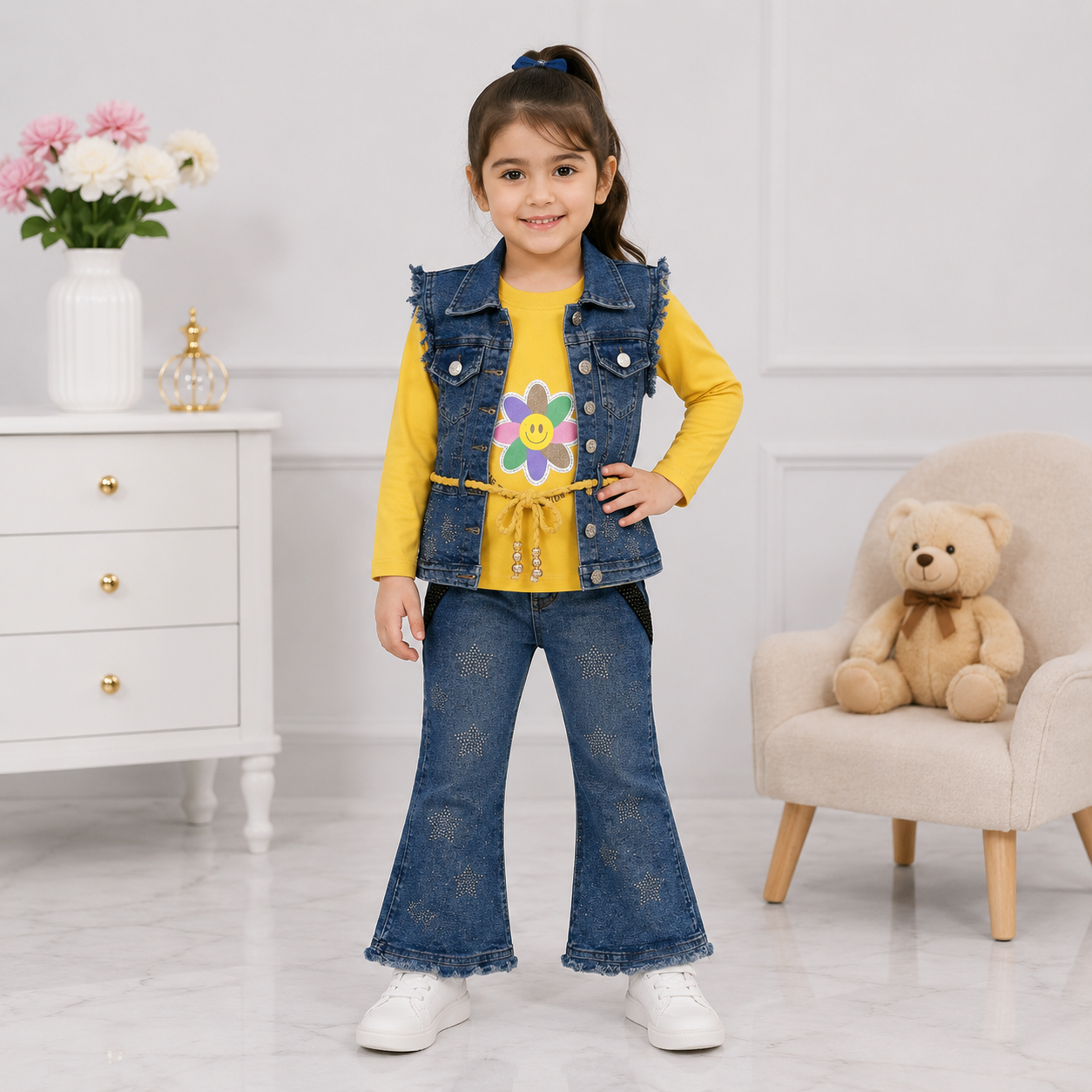 Girls 3-Piece Denim-Look Cotton Suit (Sleeveless Vest, Brown Inner & Bell-Bottom Trouser)