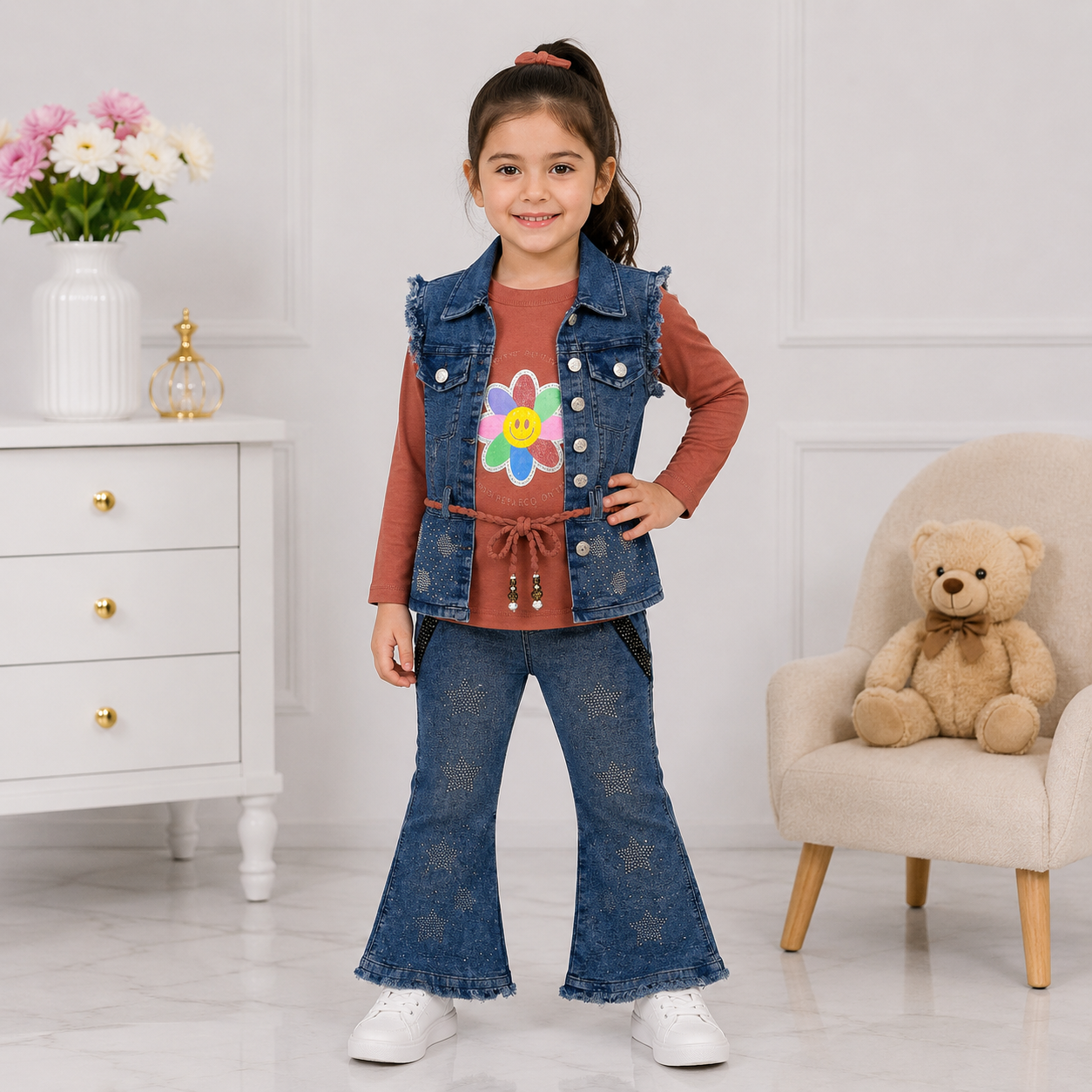 Girls 3-Piece Denim-Look Cotton Suit (Sleeveless Vest, Brown Inner & Bell-Bottom Trouser)