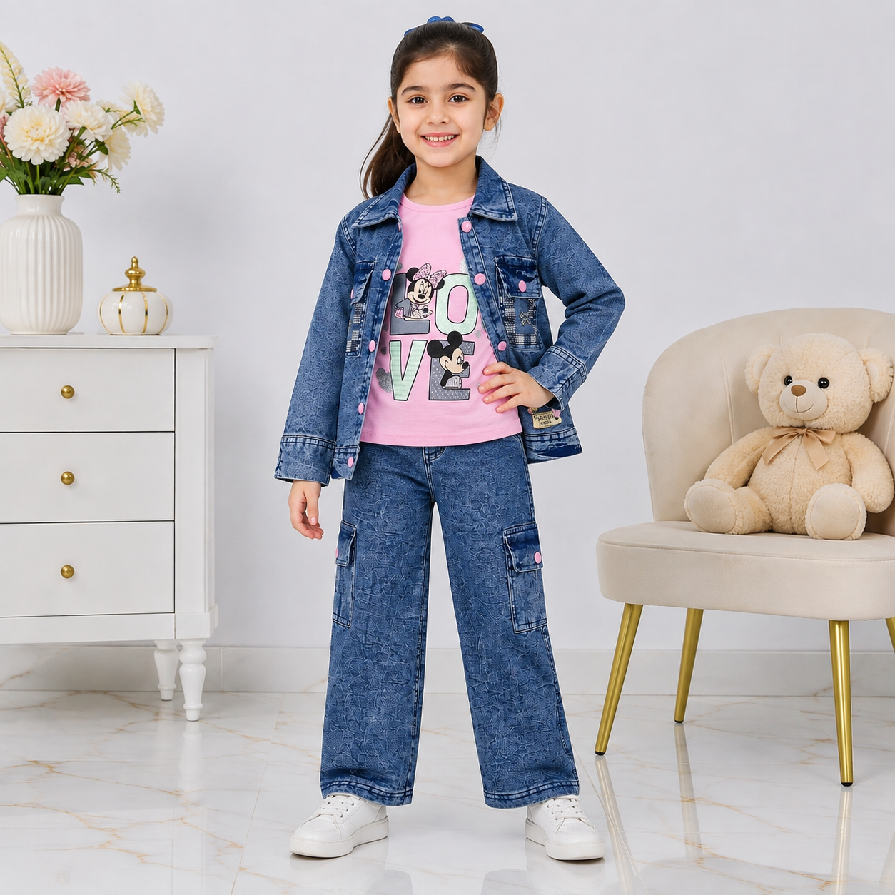Girls 3-Piece Denim-Look Cotton Suit (Blue Jacket,Inner & Cargo Trouser)