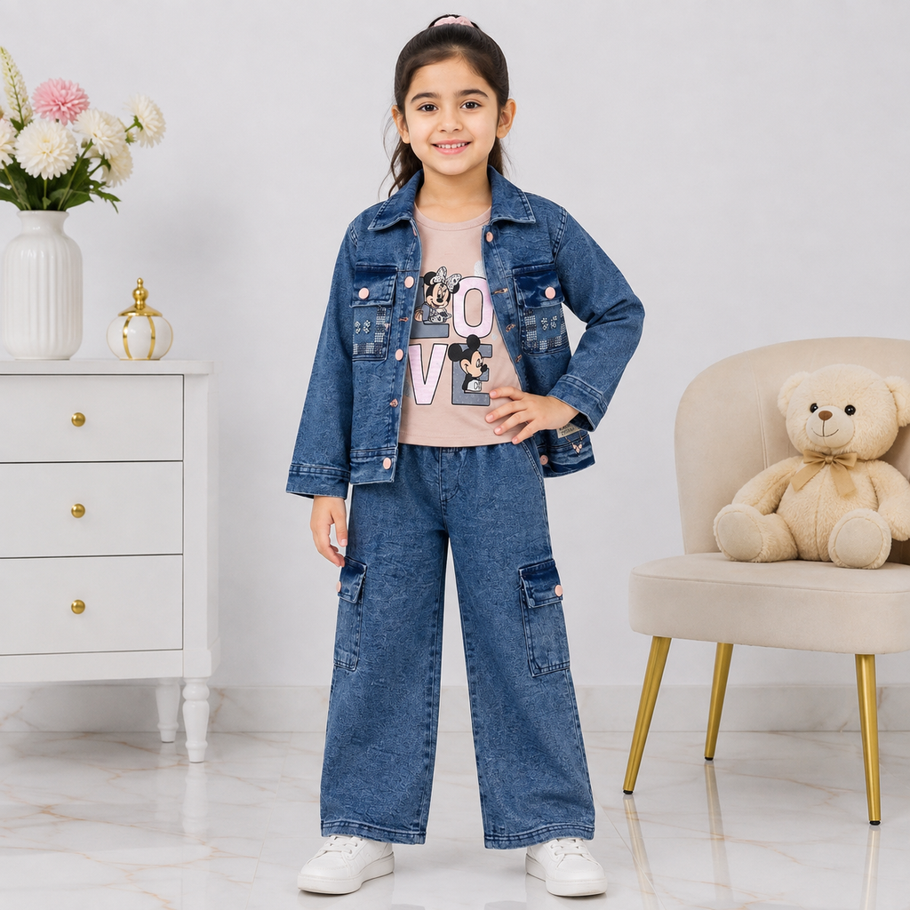 Girls 3-Piece Denim-Look Cotton Suit (Blue Jacket,Inner & Cargo Trouser)