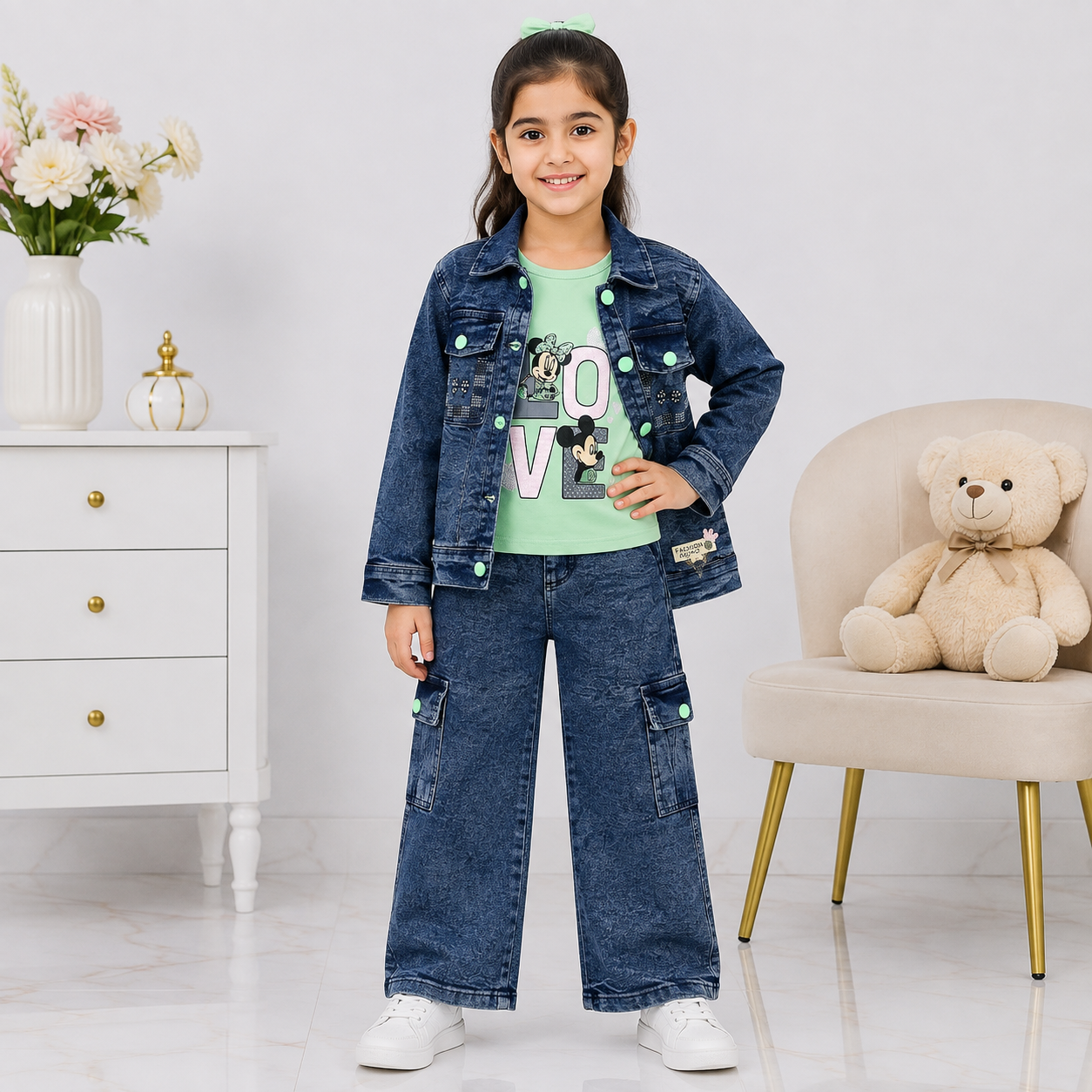 Girls 3-Piece Denim-Look Cotton Suit (Blue Jacket,Inner & Cargo Trouser)
