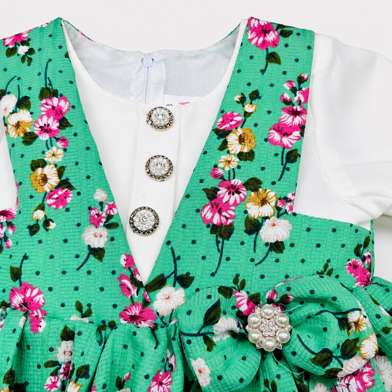 Girls 3 Piece Floral Frock Suit 2-5 Years – Green Printed Dress with Trouser & Bag