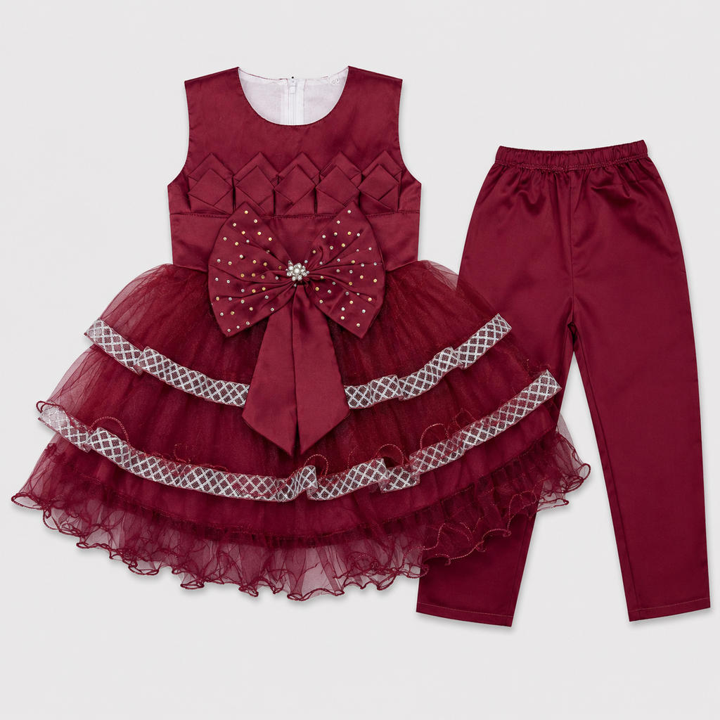Girls Fancy Party Wear Frock with Bow & Tulle Layers