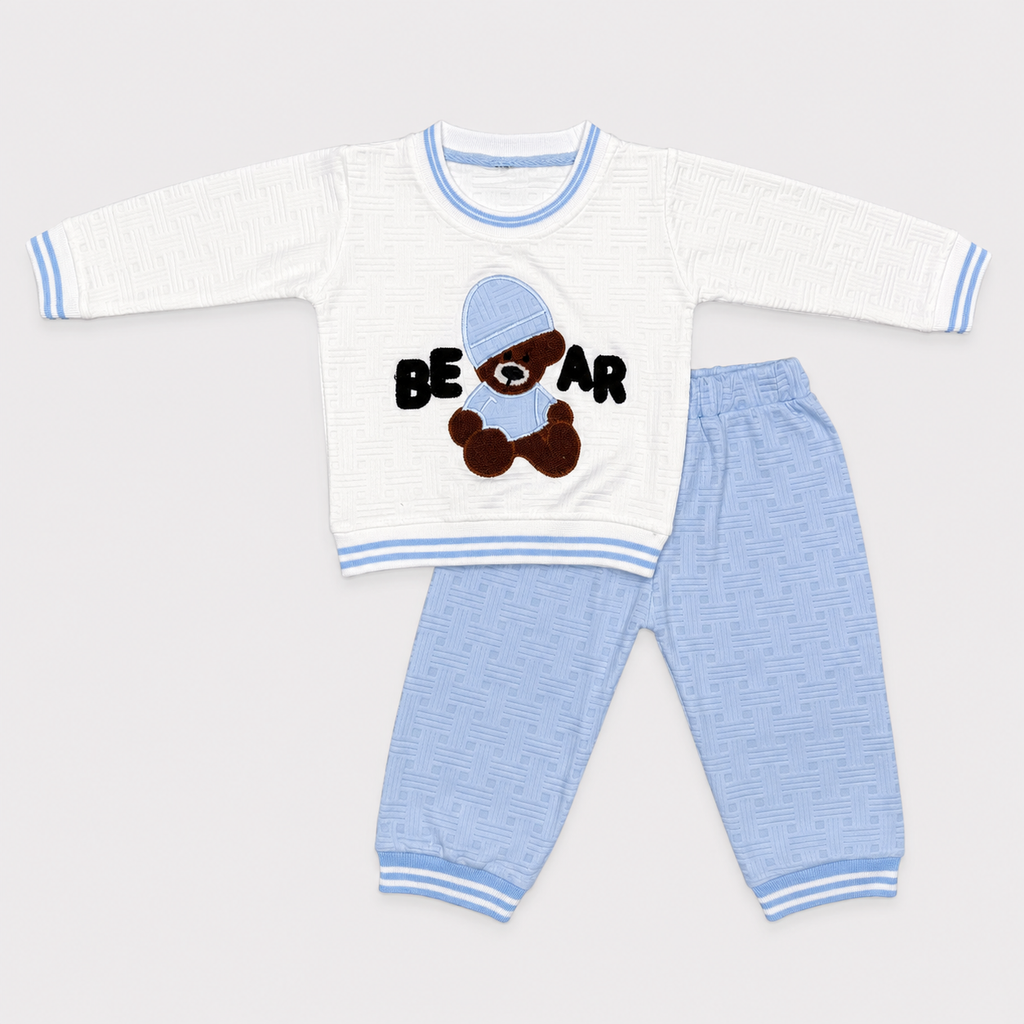 Boys Pre-Winter 2 Piece Bear Printed Sweatshirt & Jogger Set – Textured Warm Outfit