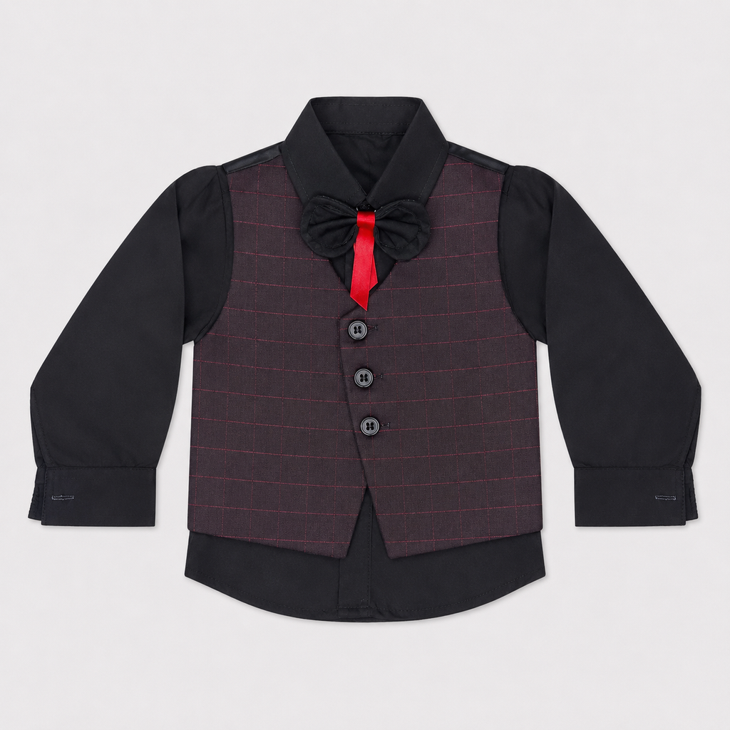 Boys 5-Piece Checkered Formal Suit – Blazer, Waistcoat, Shirt, Trouser & Bow Tie | 18–30 Months