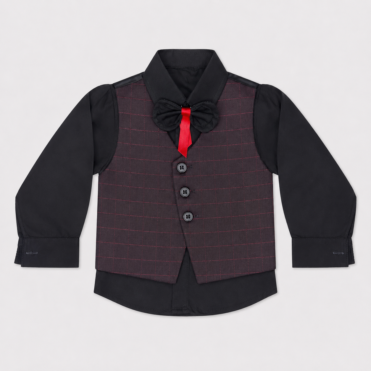 Boys 5-Piece Checkered Formal Suit – Blazer, Waistcoat, Shirt, Trouser & Bow Tie | 18–30 Months
