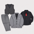 Boys 5-Piece Checkered Formal Suit – Blazer, Waistcoat, Shirt, Trouser & Bow Tie | 18–30 Months