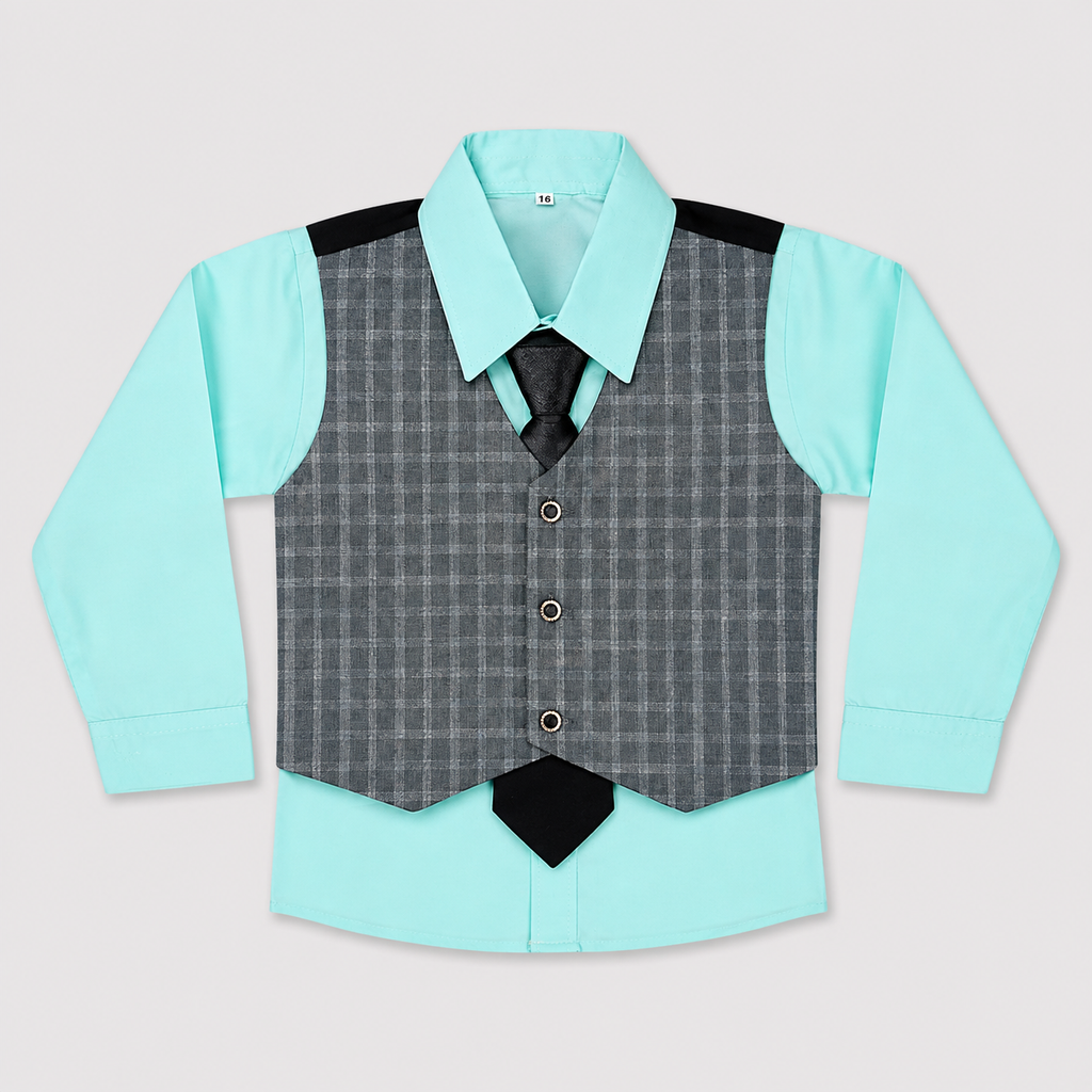 Boys 5-Piece Checkered Tuxedo Suit – Blazer, Waistcoat, Shirt, Trouser & Tie