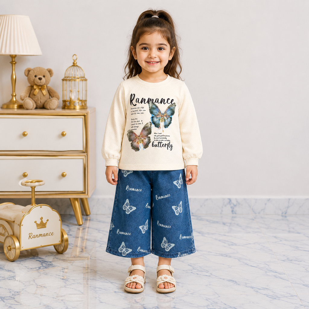 Girls Butterfly 3D Look | Premium Jersey With Denim | 2-Piece Suit