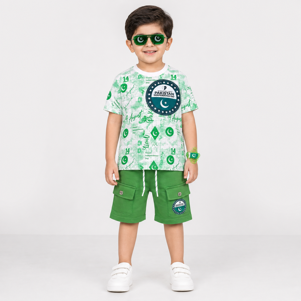 Boys 14 August Pakistan Independence Day Jersey T-Shirt & Shorts Set – Green White Outfit – Size 1-4 Years