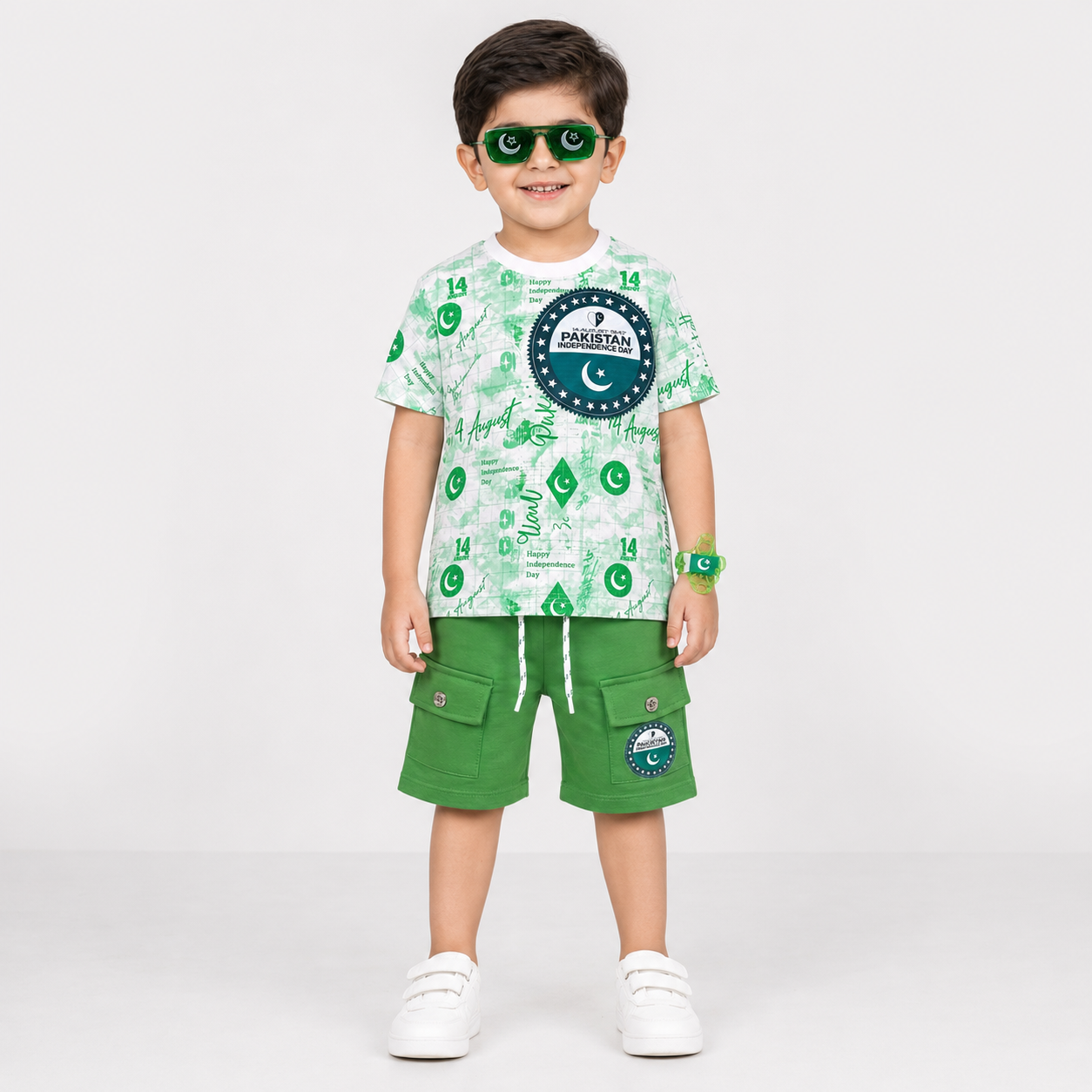 Boys 14 August Pakistan Independence Day Jersey T-Shirt & Shorts Set – Green White Outfit – Size 1-4 Years