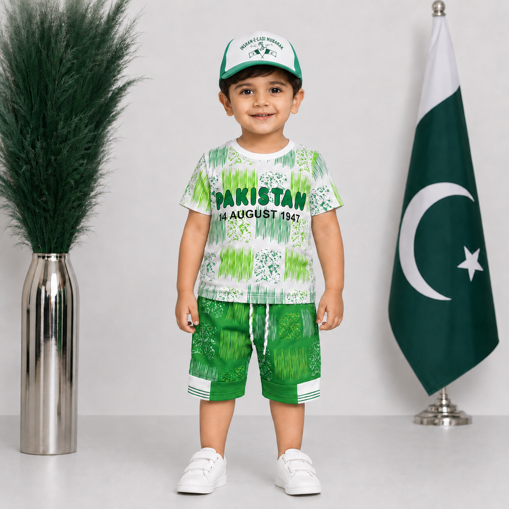 Boys 14 August Jersey 3 Piece Outfit – Pakistan Print Shirt Shorts & Cap – 6 Months to 4 Years