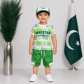 Boys 14 August Jersey 3 Piece Outfit – Pakistan Print Shirt Shorts & Cap – 6 Months to 4 Years