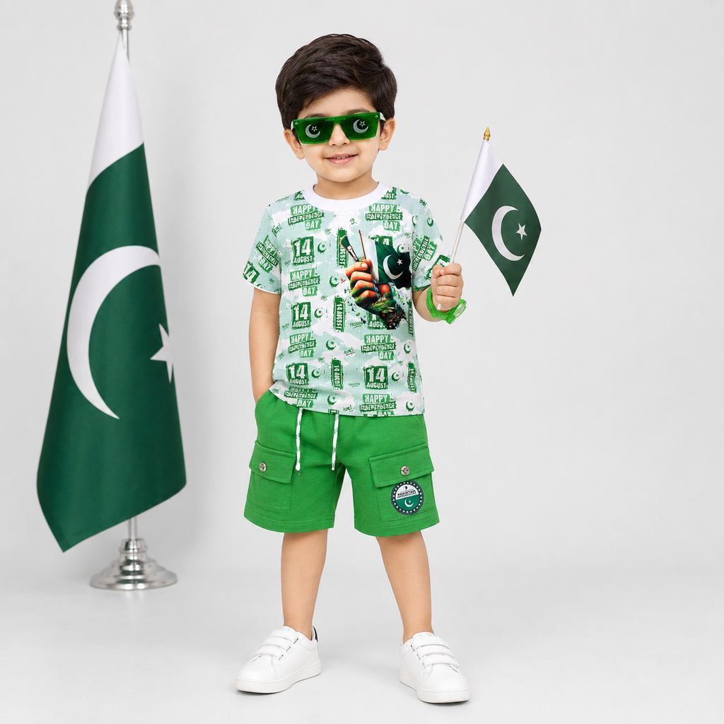 Boys 14 August Independence Day Jersey T-Shirt & Shorts Set – Green Pakistan Print Outfit – Size 1-4 Years