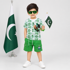 Boys 14 August Independence Day Jersey T-Shirt & Shorts Set – Green Pakistan Print Outfit – Size 1-4 Years
