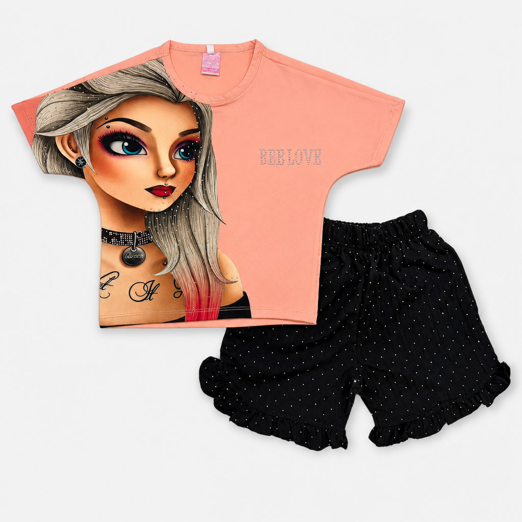 Girls Imported Jersey Graphic Short Suit – Peach Black | Lamtar Kids