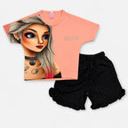 Girls Imported Jersey Graphic Short Suit – Peach Black | Lamtar Kids