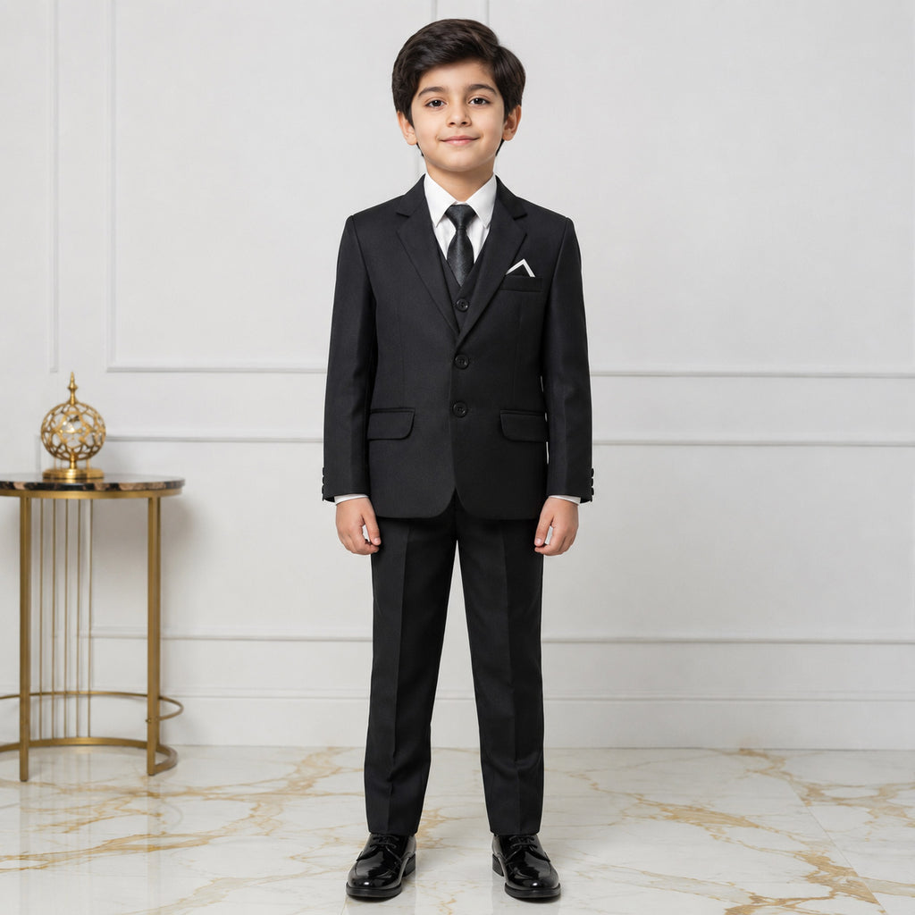 Boys 4 Piece Premium  Black Coat Pant Suit – 4-7 Years
