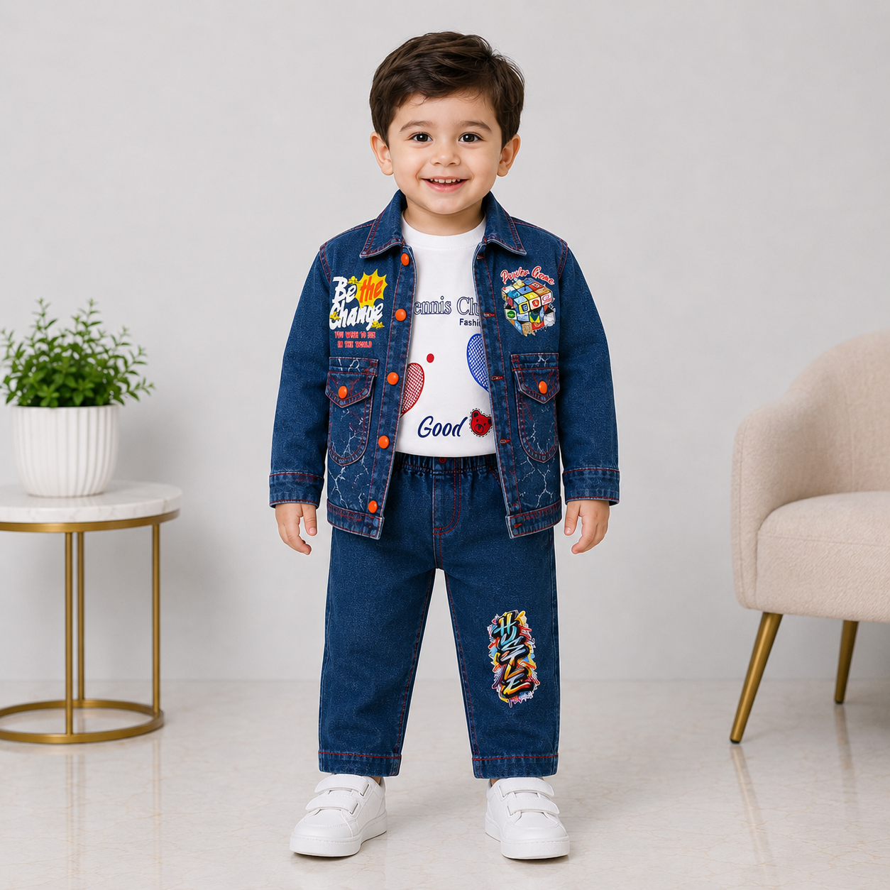 Boys Denim 3-Piece Suit – Printed T-Shirt, Jacket & Jeans Set