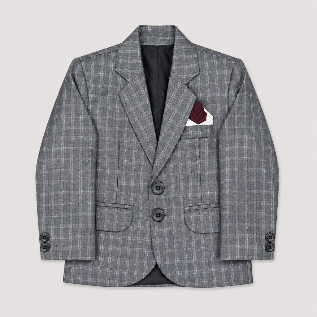 Boys 5-Piece Checkered Tuxedo Suit – Blazer, Waistcoat, Shirt, Trouser & Tie