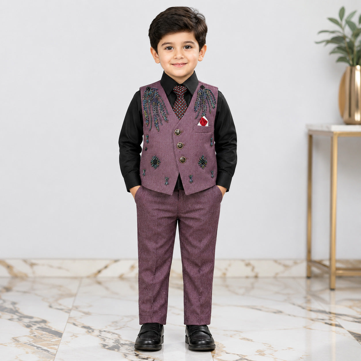 Boys 4 Piece Formal Suit – Mauve Waistcoat & Trouser with Black Shirt