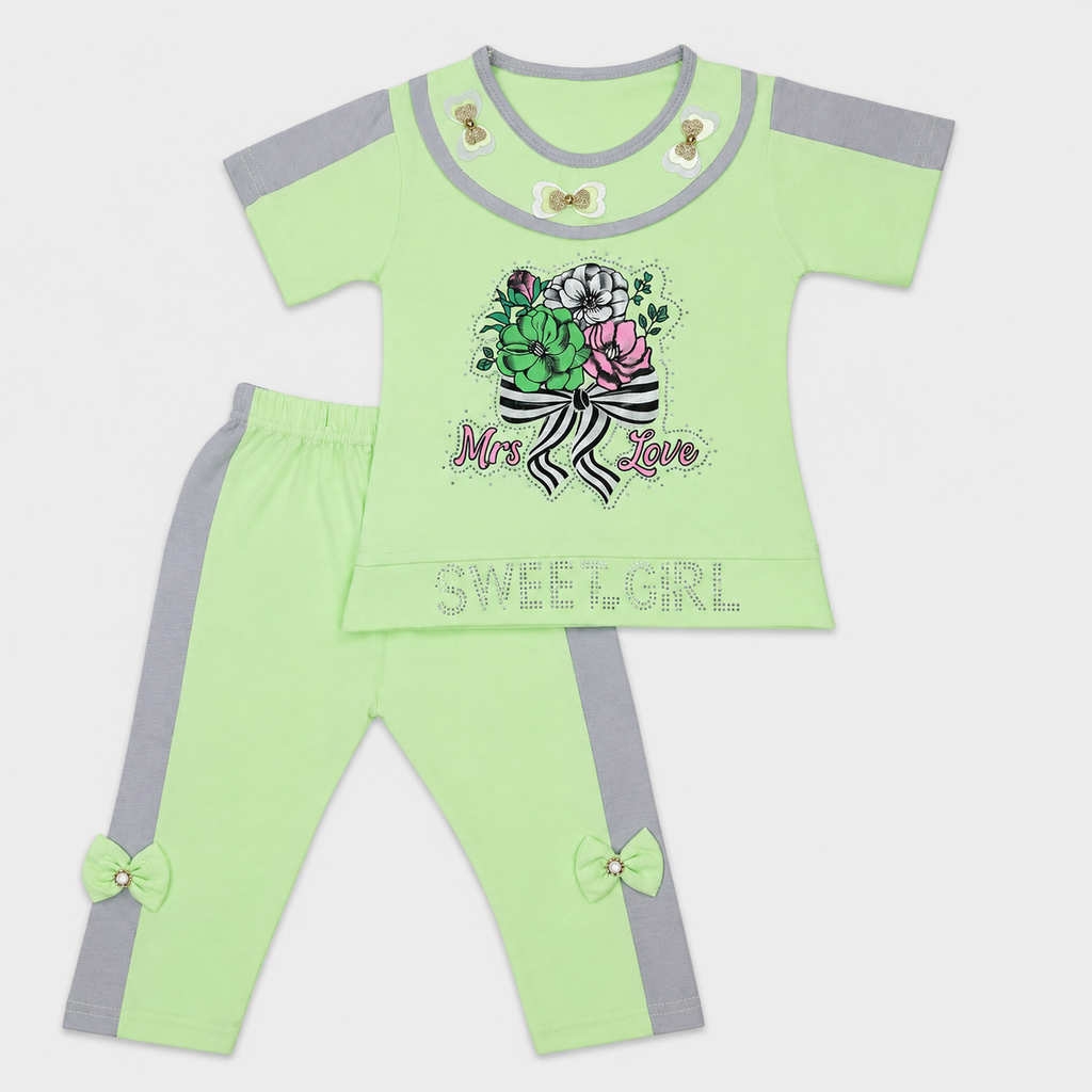Girls 2-Piece Cotton Summer Suit | Printed T-Shirt & Trouser Set