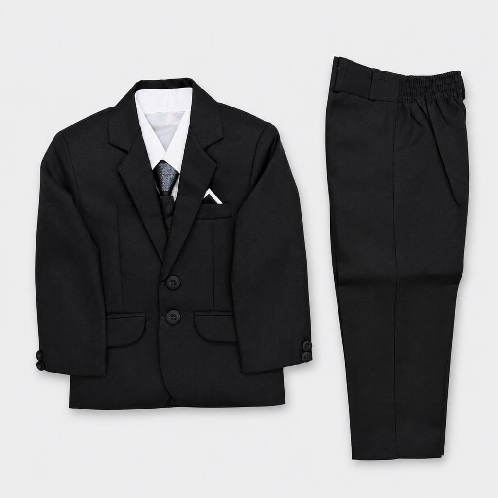 Boys Black Tuxedo Suit 5-Piece | Coat, Waistcoat, Shirt ,Tie & Pant | Party Wear