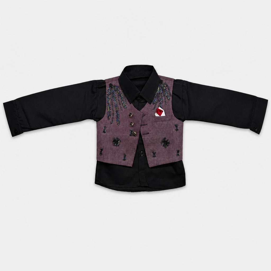 Boys 4 Piece Formal Suit – Mauve Waistcoat & Trouser with Black Shirt