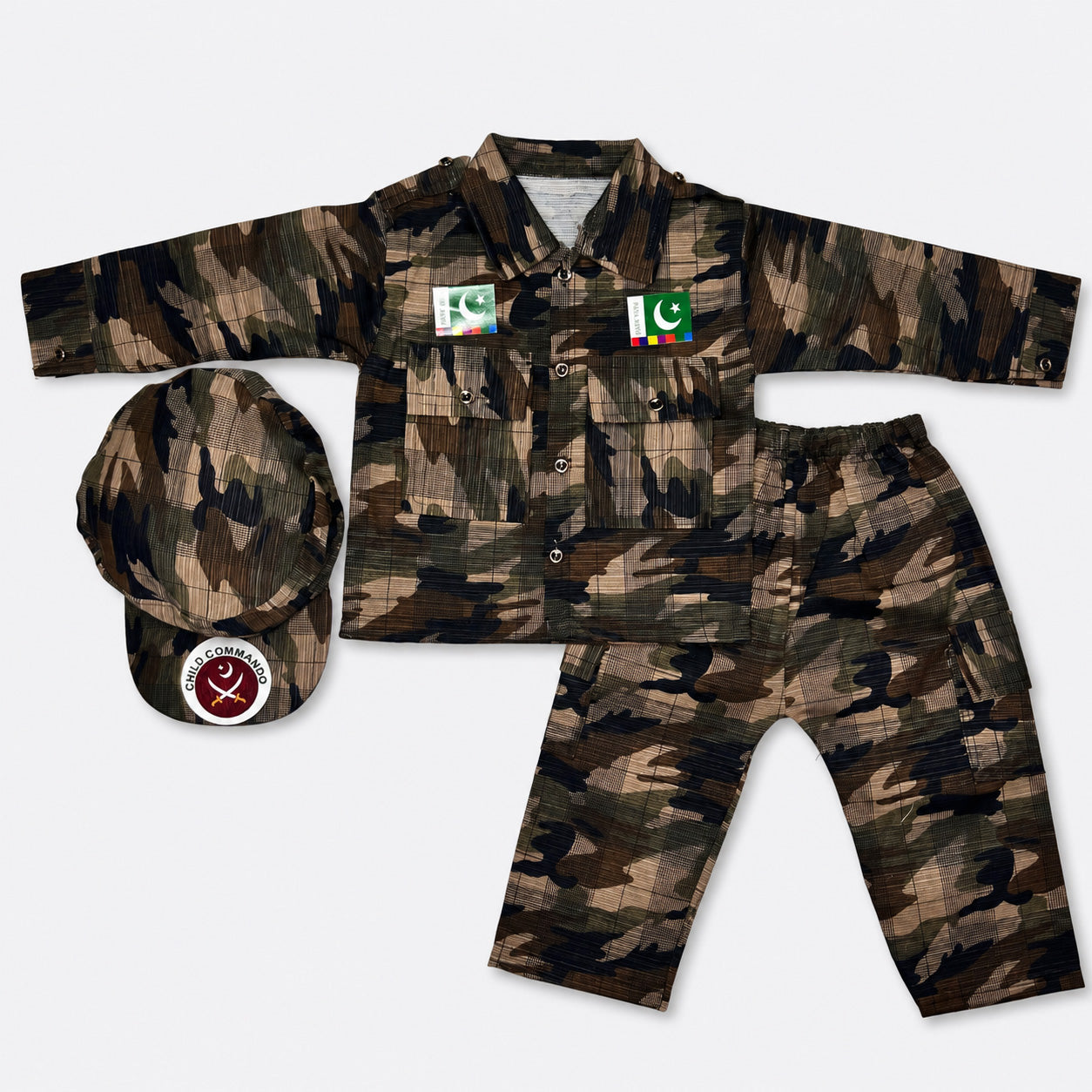 Boys Cotton Commando Suit 1-4 Years – Army Camouflage Shirt, Trouser & Cap Set