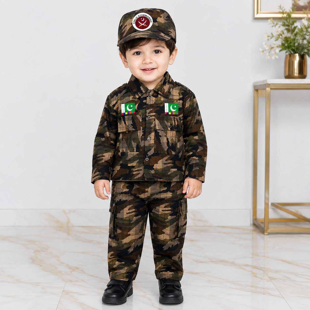 Boys Cotton Commando Suit 1-4 Years – Army Camouflage Shirt, Trouser & Cap Set