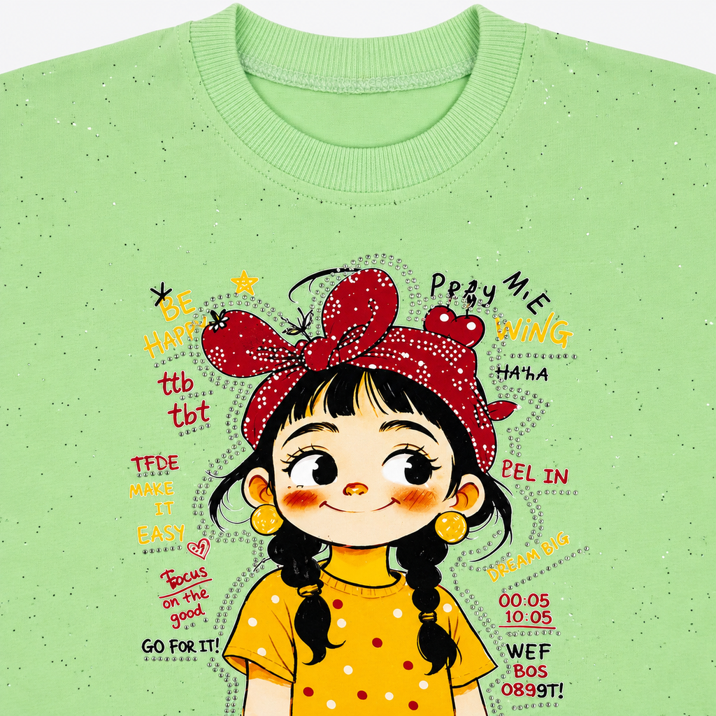 Girls Printed Jersey Top with Rhinestone Denim Jeans – 2 Piece Outfit