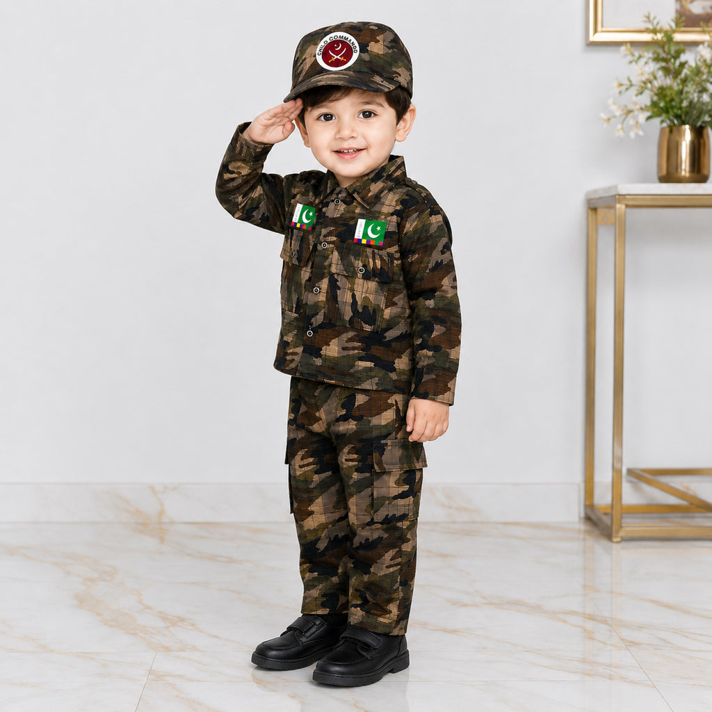 Boys Cotton Commando Suit 1-4 Years – Army Camouflage Shirt, Trouser & Cap Set