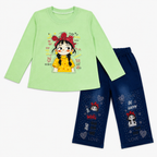 Girls Printed Jersey Top with Rhinestone Denim Jeans – 2 Piece Outfit