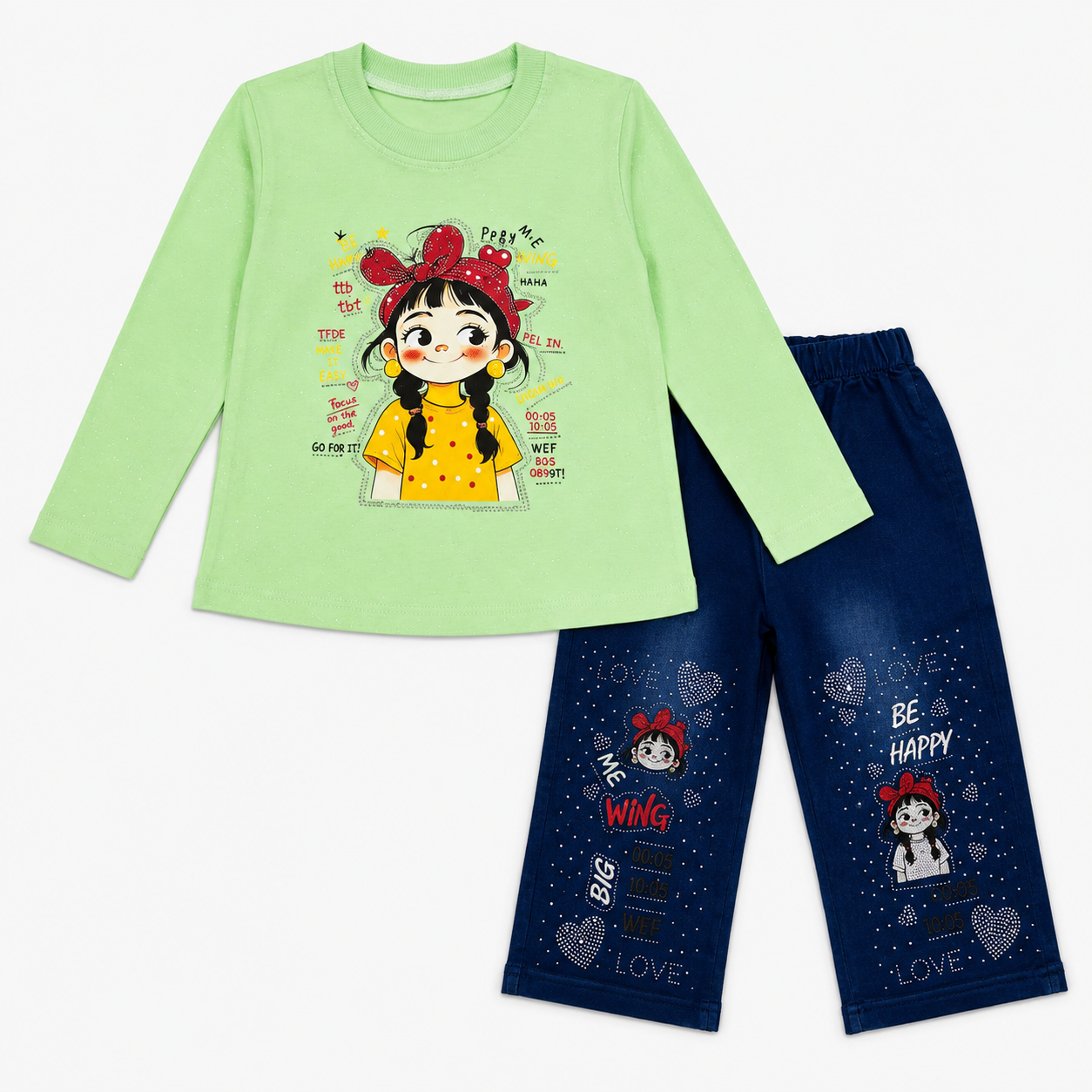 Girls Printed Jersey Top with Rhinestone Denim Jeans – 2 Piece Outfit