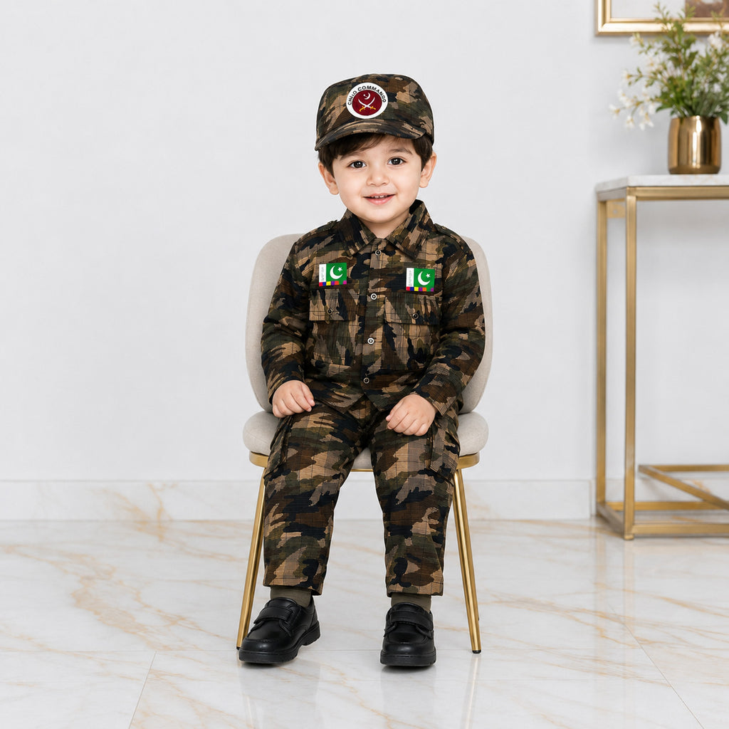 Boys Cotton Commando Suit 1-4 Years – Army Camouflage Shirt, Trouser & Cap Set