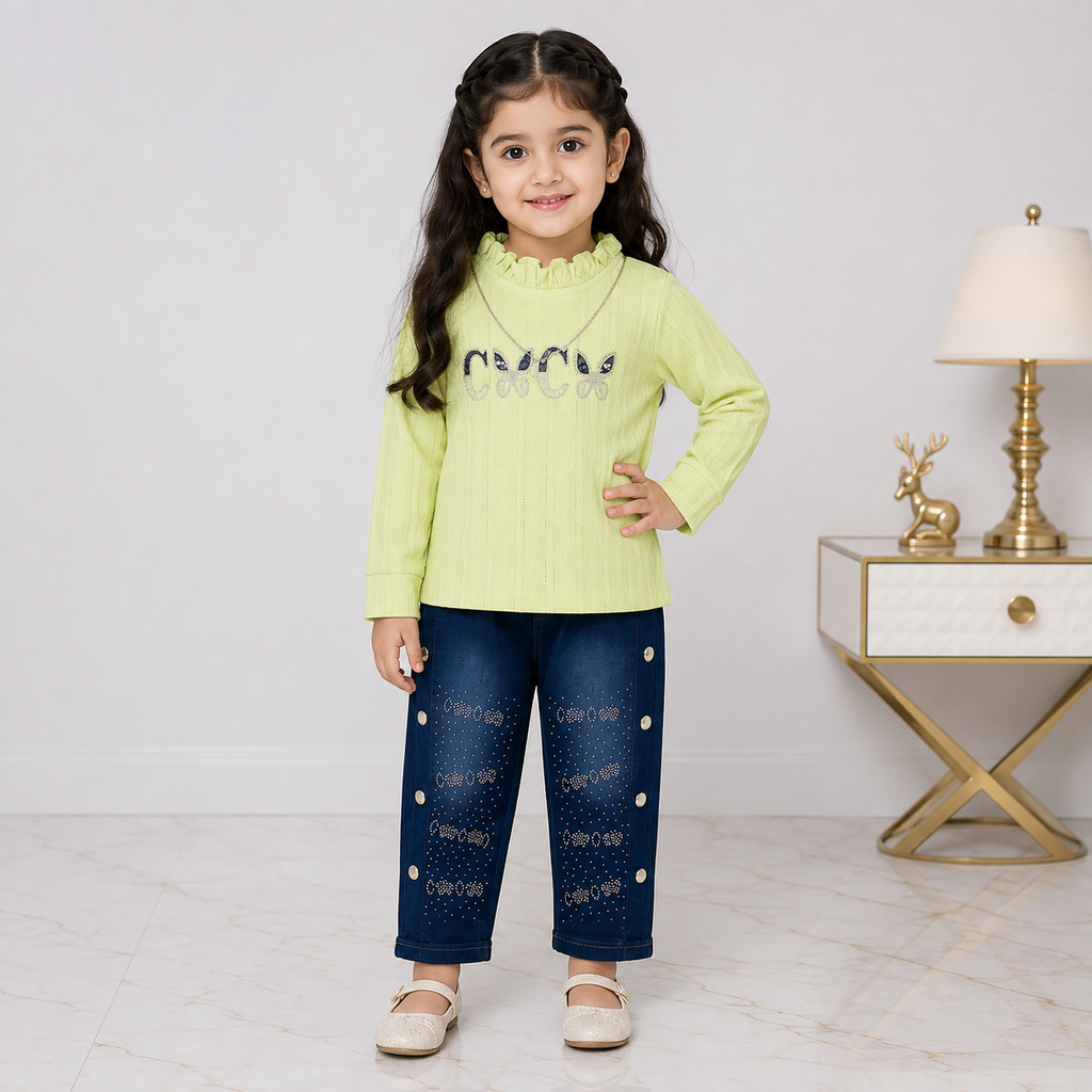 Girls Imported China Jersey Top with Rhinestone Denim Jeans – 2 Piece Outfit