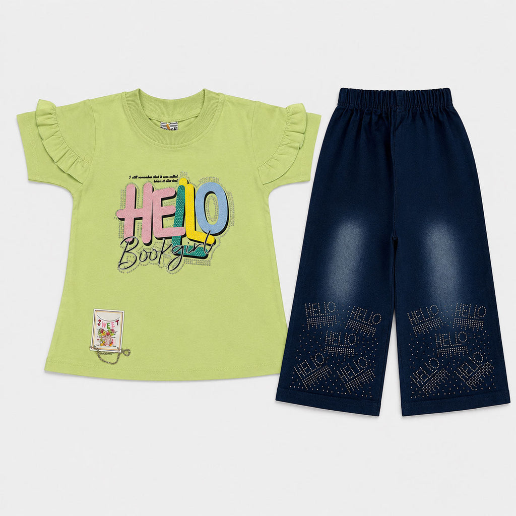 Girls Hello Beautiful Jersey Top & Stretchable Denim Jeans 2 Piece Outfit Set (1-7 Years)