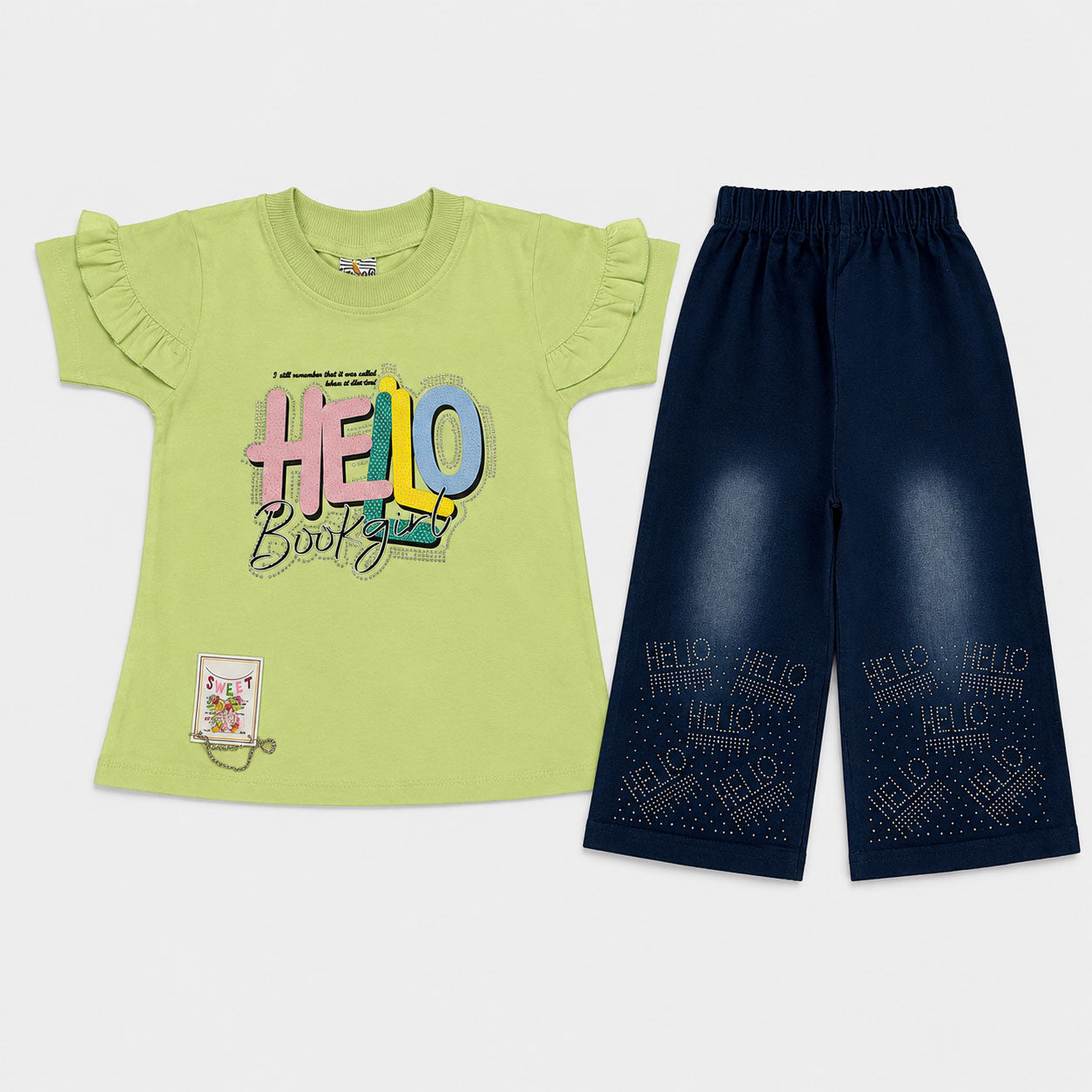 Girls Hello Beautiful Jersey Top & Stretchable Denim Jeans 2 Piece Outfit Set (1-7 Years)